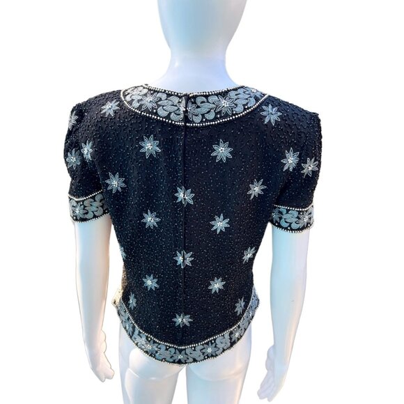 Vintage Black Beaded & Silver Floral Embroidered Short-Sleeve Top With Intricate - Picture 3 of 12